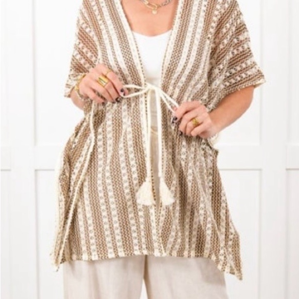 Very J Brown and White poncho sleeve boho cardigan. Arm holes and functional tie